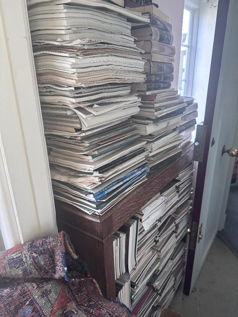 Household clutter clearance in Chelsea before service, showing a cabinet area packed with books and paper